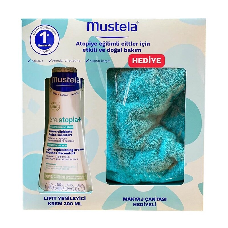 MUSTELA - Mustela Stelatopia Lipit Yenileyici Krem Pompalı Şişe 300 ml + Makyaj Çantası Hediyeli MUSTELA - Mustela Stelatopia Lipit Yenileyici Krem Pompalı Şişe 300 ml + Makyaj Çantası Hediyeli